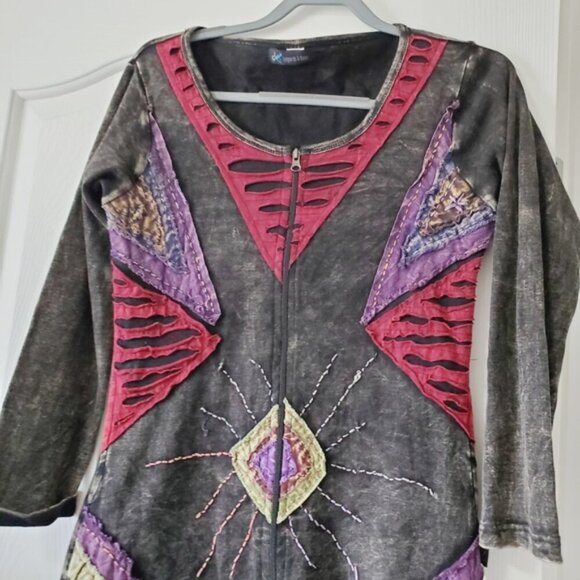 Leopards & Roses Nepal Y2K Whimsigoth Patchwork Cotton Artsy Lagenlook Top S - Picture 7 of 7